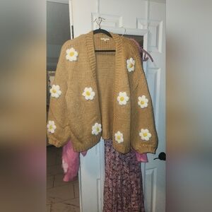 Cozy Mustard Cardigan with Floral Accents